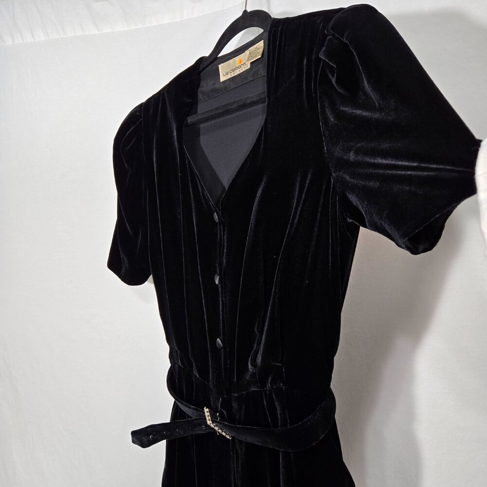 VINTAGE Academia Y2K Sirencore BLACK VELVET Pocket Belt Midi Dress Women Size 10 - Picture 5 of 16
